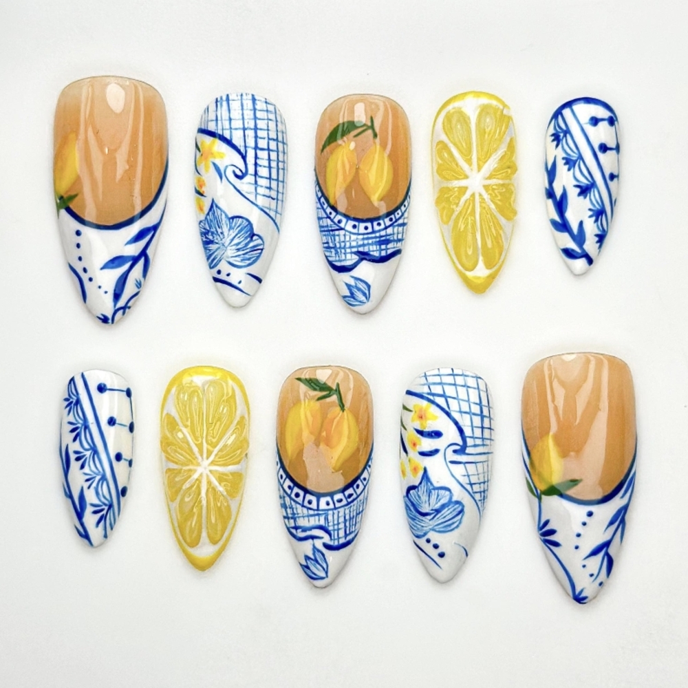Lemon and Floral Hand Painted Nail Set